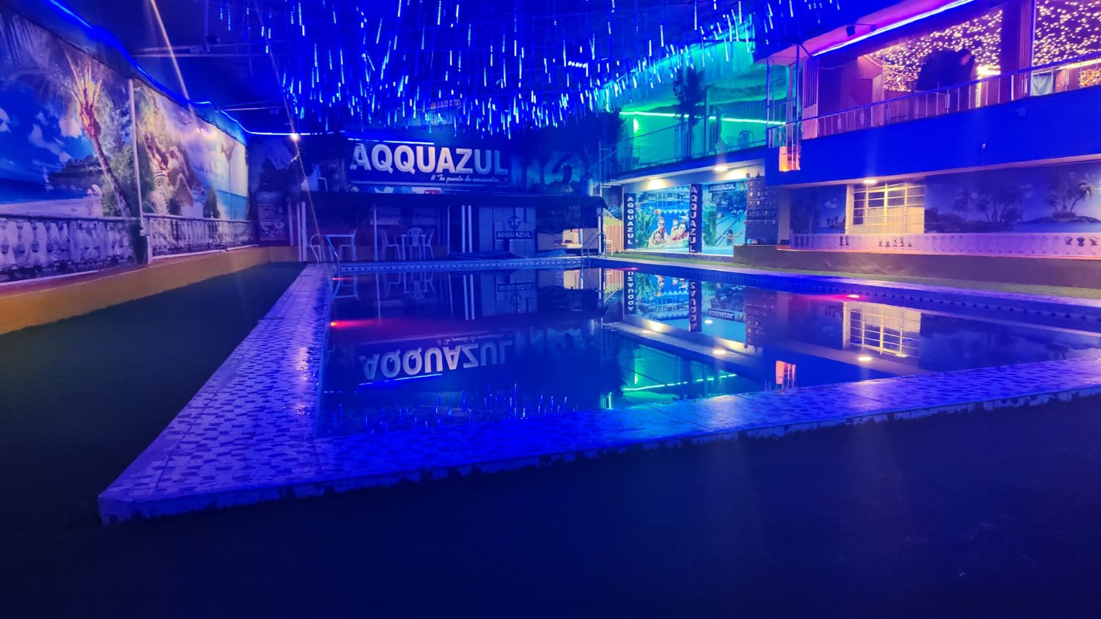 Interior del acuario de AQQUAZUL con iluminación nocturna neon azul y morada