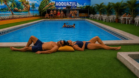 Person lying on artificial grass in front of a blue swimming pool at Aoquazul water park